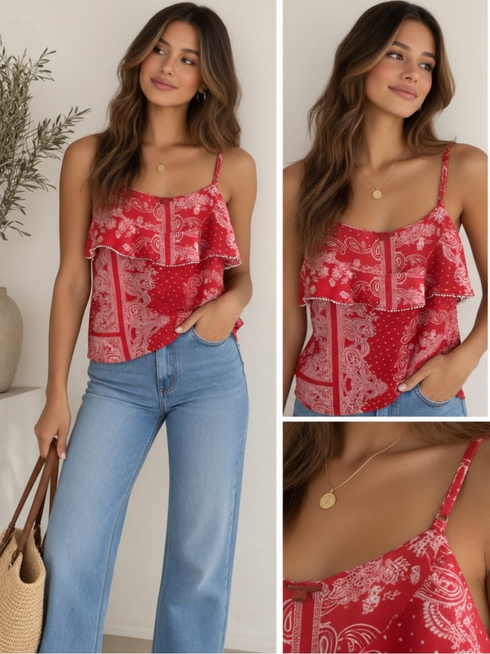 Ann Taylor Red White Paisley Ruffle Cami Tank Top Adjustable Straps Size S
